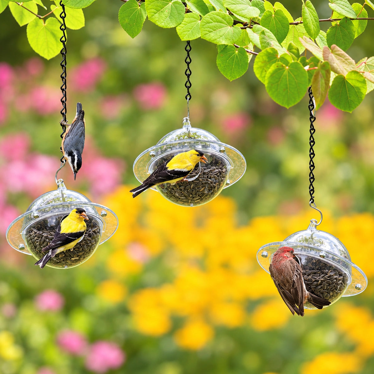 Duncraft Satellite, Set of 3: Clear plastic bird feeders with birds perched, featuring a 12-inch hanging chain, ideal for attracting smaller clinging birds.