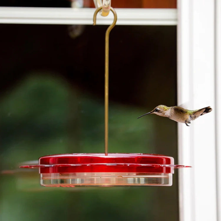 12 oz. Hummerfest Hummingbird Feeder with a hovering hummingbird, features 6 feeding stations, clear nectar view, rain overflow, ant moat, and dual mounting options.