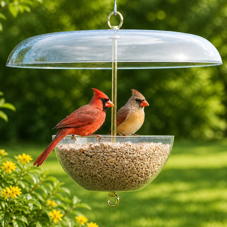 Duncraft Cardinal Feeder with birds perched and feeding from clearview plastic bowl under a dome-shaped weather guard, showcasing easy seed access and bird visibility.