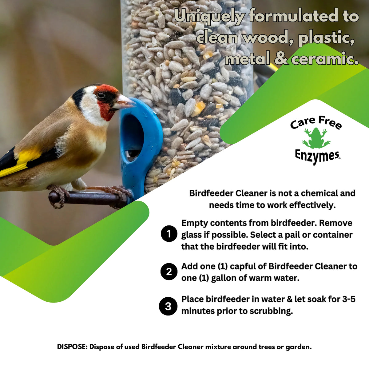 Bird Feeder Cleaner 16 oz. flyer with a finch on a feeder, cleaning instructions, and product benefits highlighting non-toxic, enzyme-based formula for safe bird feeder maintenance.