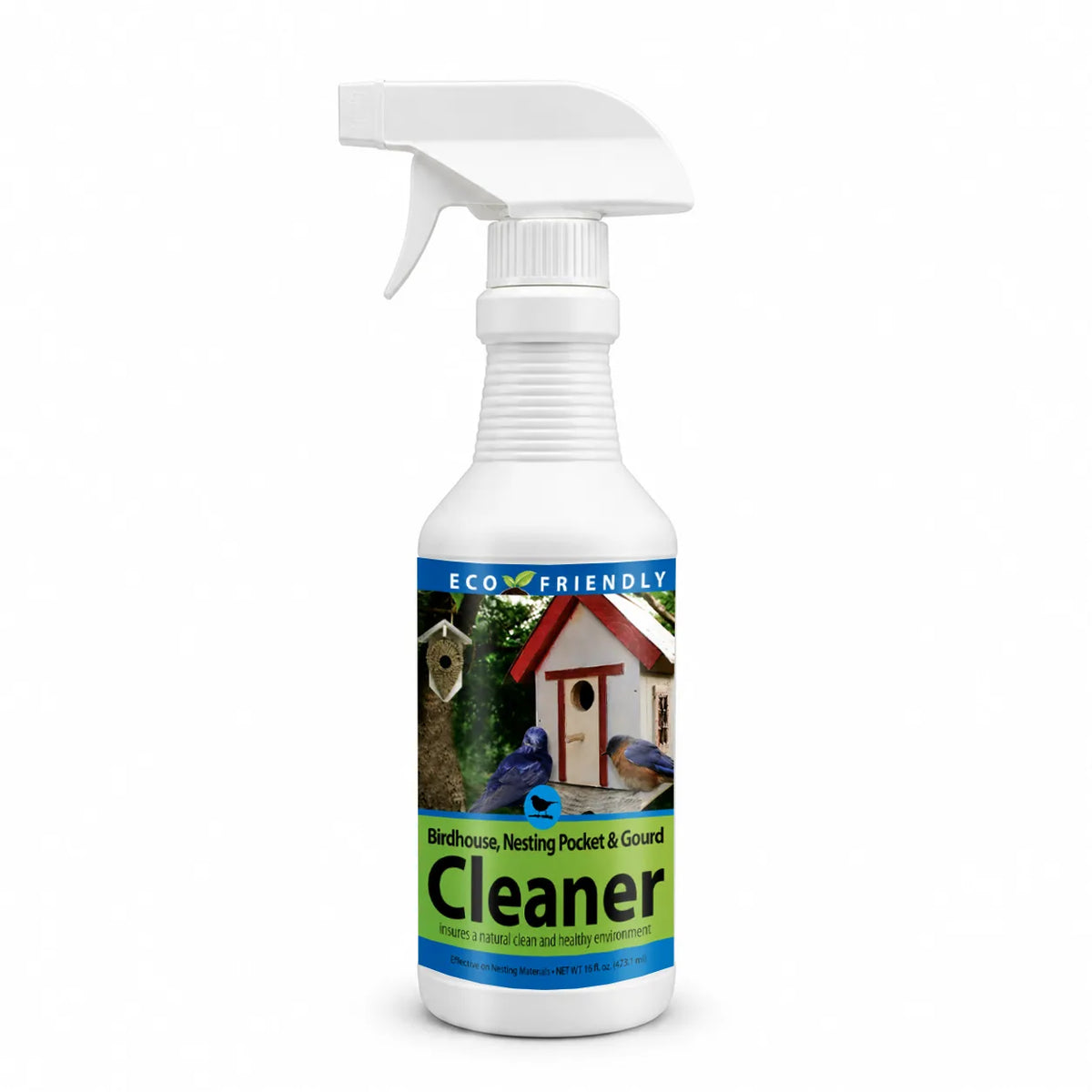 White spray bottle labeled Eco-Friendly, featuring two bluebirds near a wooden birdhouse. Contains Birdhouse & Nesting Pocket Spray Cleaner, 16 oz., for safe birdhouse cleaning.