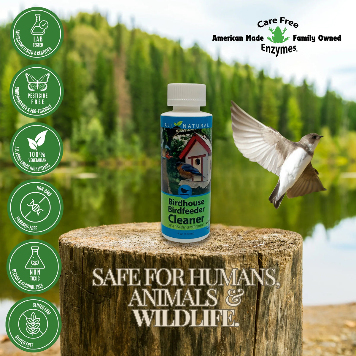 Eco-friendly Birdhouse & Nesting Pocket Spray Cleaner, 16 oz. bottle on stump with songbird. Features all-natural, non-toxic, biodegradable formula; safe for wildlife. American-made, family-owned.