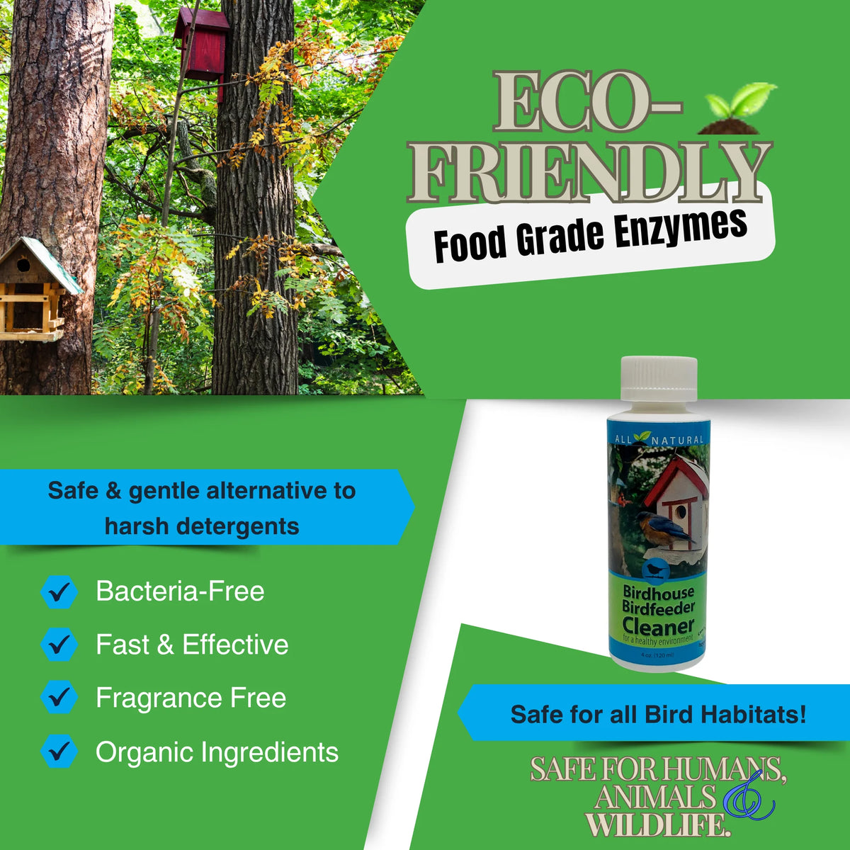 Birdhouse & Nesting Pocket Cleaner, 16 oz., eco-friendly spray; all-natural enzymes clean bird habitats safely, removing debris and deodorizing. Safe for birds, humans, and wildlife.