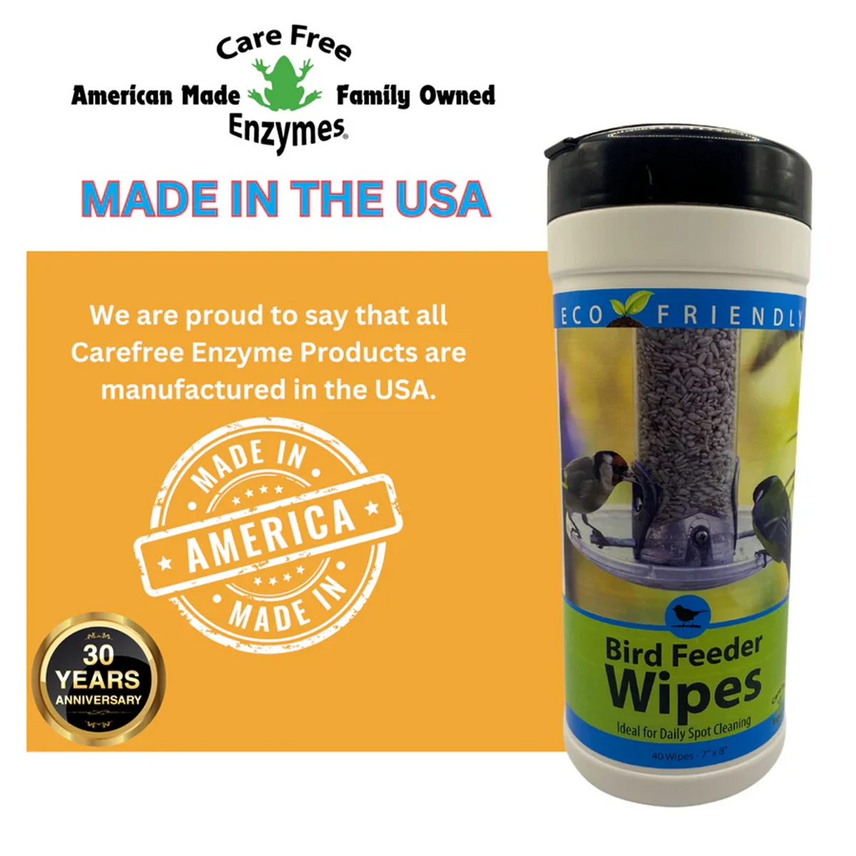 Natural Bird Feeder Cleaning Wipes, 40 Count, in tall canister with “Made in the USA” and “30 Years Anniversary” seals, showing eco-friendly, enzyme-based formula for easy feeder cleaning.