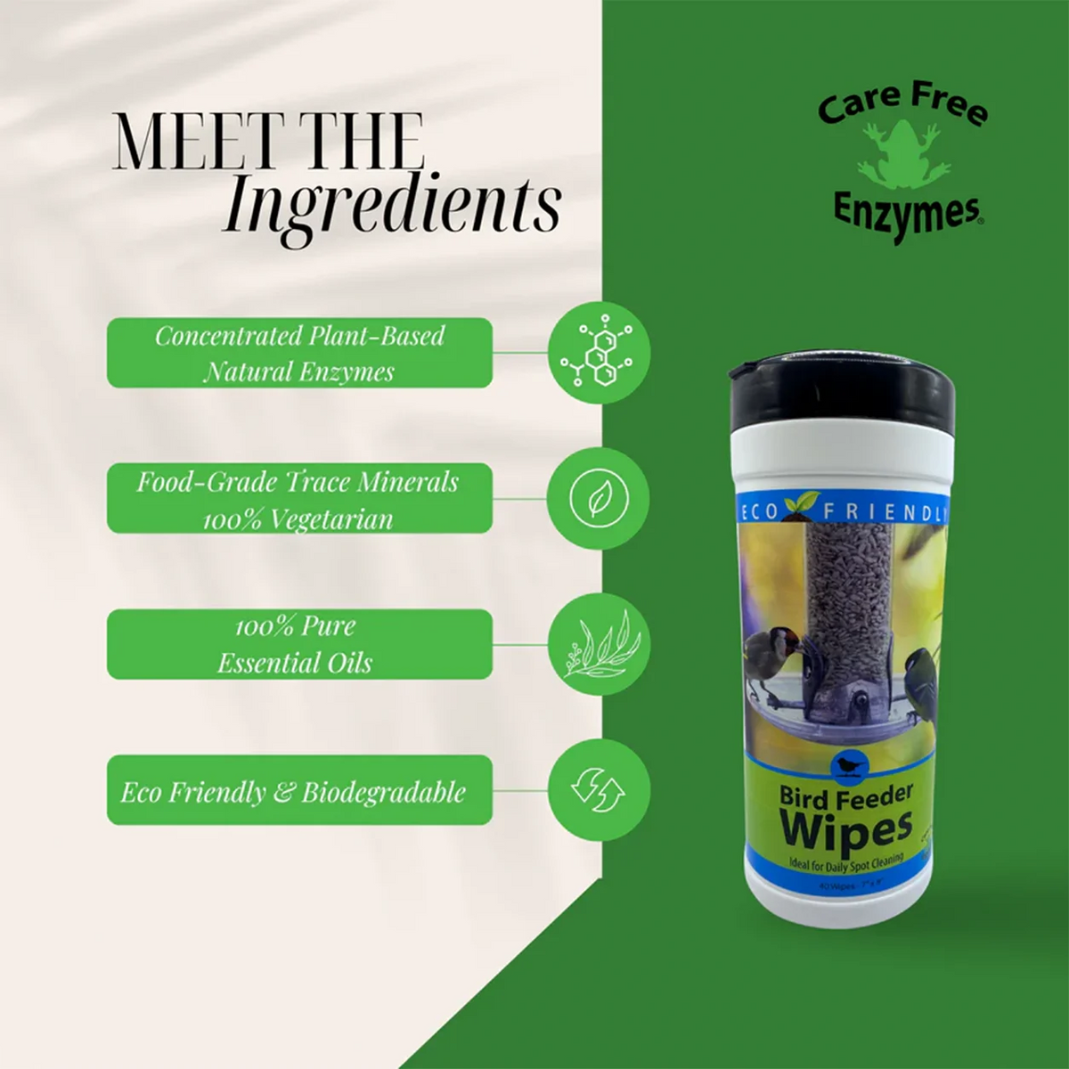 Natural Bird Feeder Cleaning Wipes, 40 Count: Pre-moistened wipes in a white canister, featuring a frog logo, for easy, non-toxic bird feeder cleaning without rinsing.
