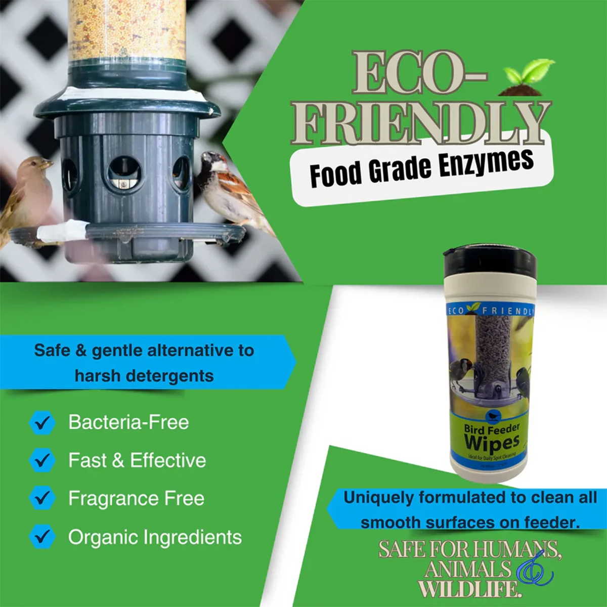 Natural Bird Feeder Cleaning Wipes, 40 Count; eco-friendly, enzyme-based, fast, bacteria-free cleaning for bird feeders, safe for all surfaces, humans, and wildlife.