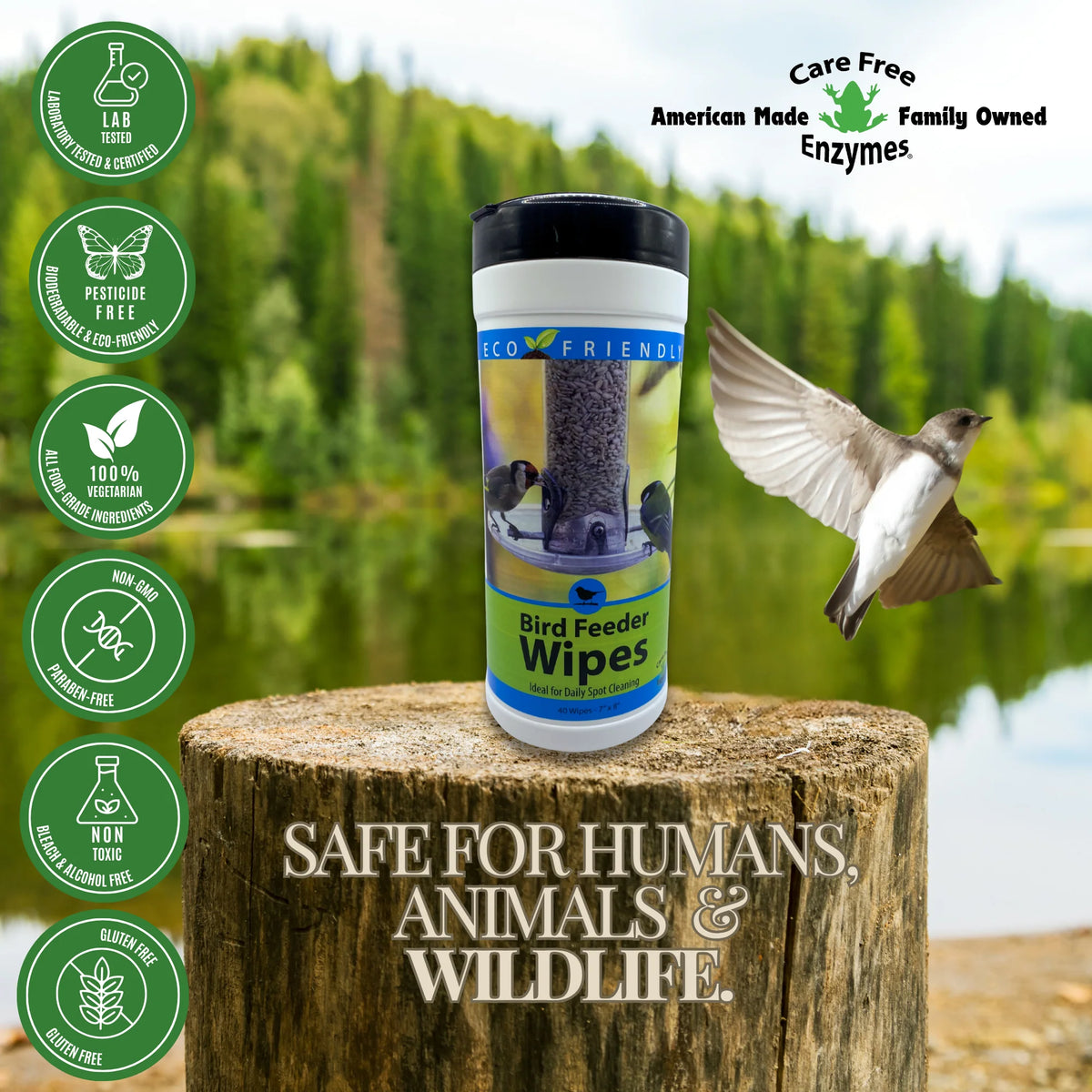 Natural Bird Feeder Cleaning Wipes, 40 Count tub on a tree stump, with icons highlighting eco-friendly features; a bird flies nearby.