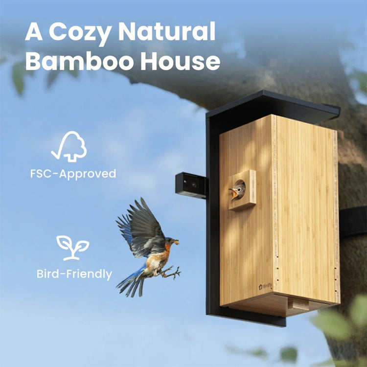 Bamboo birdhouse with a bird perched on it, set against a natural background.