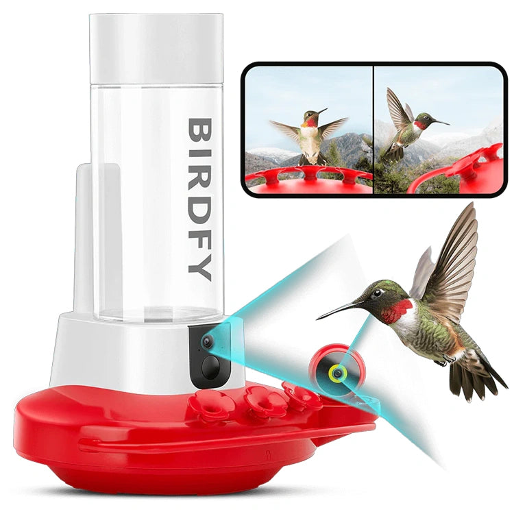 Hummingbird feeder with red base and clear top, featuring the brand 'BIRDFY'.