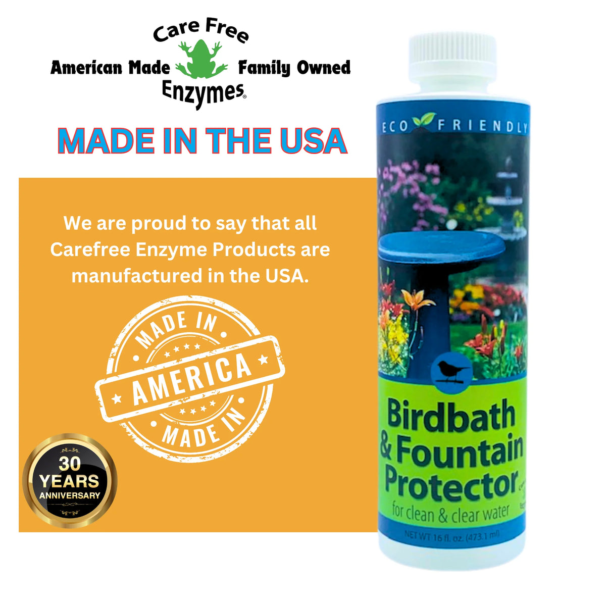 Birdbath & Fountain Protector, 16 oz, eco-friendly cleaner by Care Free Enzymes, eliminates sludge, prevents buildup, safe for wildlife, American-made, 30th anniversary edition.