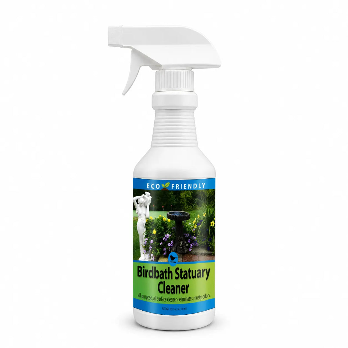 Birdbath Statuary Cleaner, 16 oz., in a white trigger-spray bottle, features a garden scene label, effectively cleans surfaces, removes odors, and is eco-friendly.