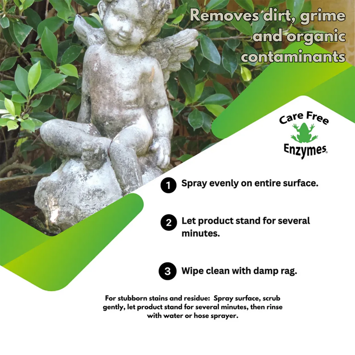 Birdbath Statuary Cleaner, 16 oz., label with mossy cherub statue; removes dirt, grime; safe, enzyme-based; three-step application; eco-friendly; non-toxic; effective on stone, ceramic surfaces.
