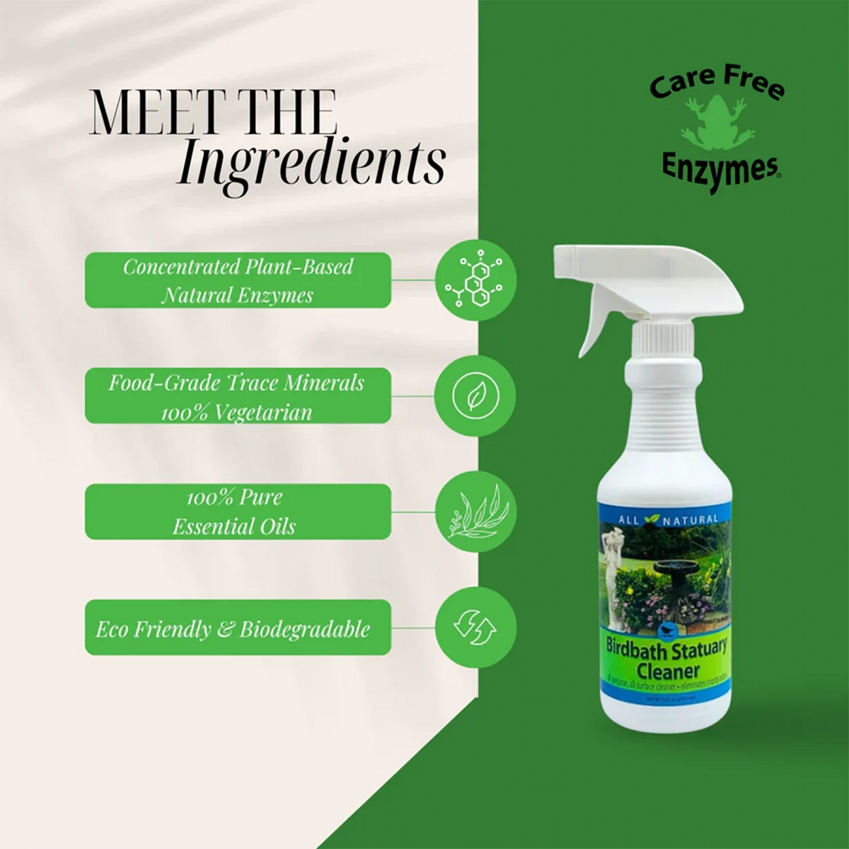 Birdbath Statuary Cleaner, 16 oz. spray bottle with natural enzymes, essential oils, and minerals. Eco-friendly, non-toxic cleaner for birdbaths and outdoor décor.
