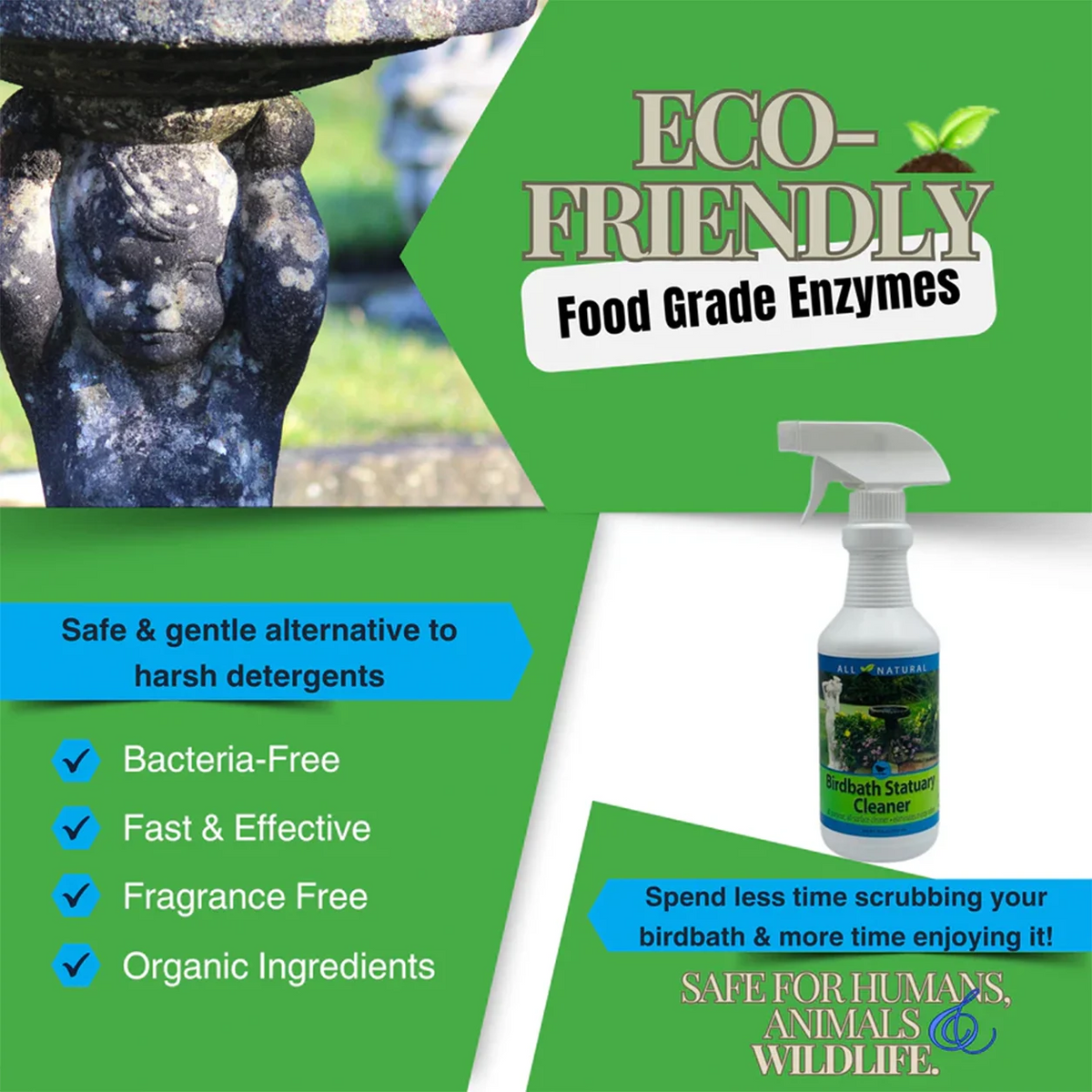 Birdbath Statuary Cleaner, 16 oz. spray bottle, shown beside a stone cherub pedestal, highlights its eco-friendly, enzyme-based formula for safe, effective cleaning of outdoor birdbaths.