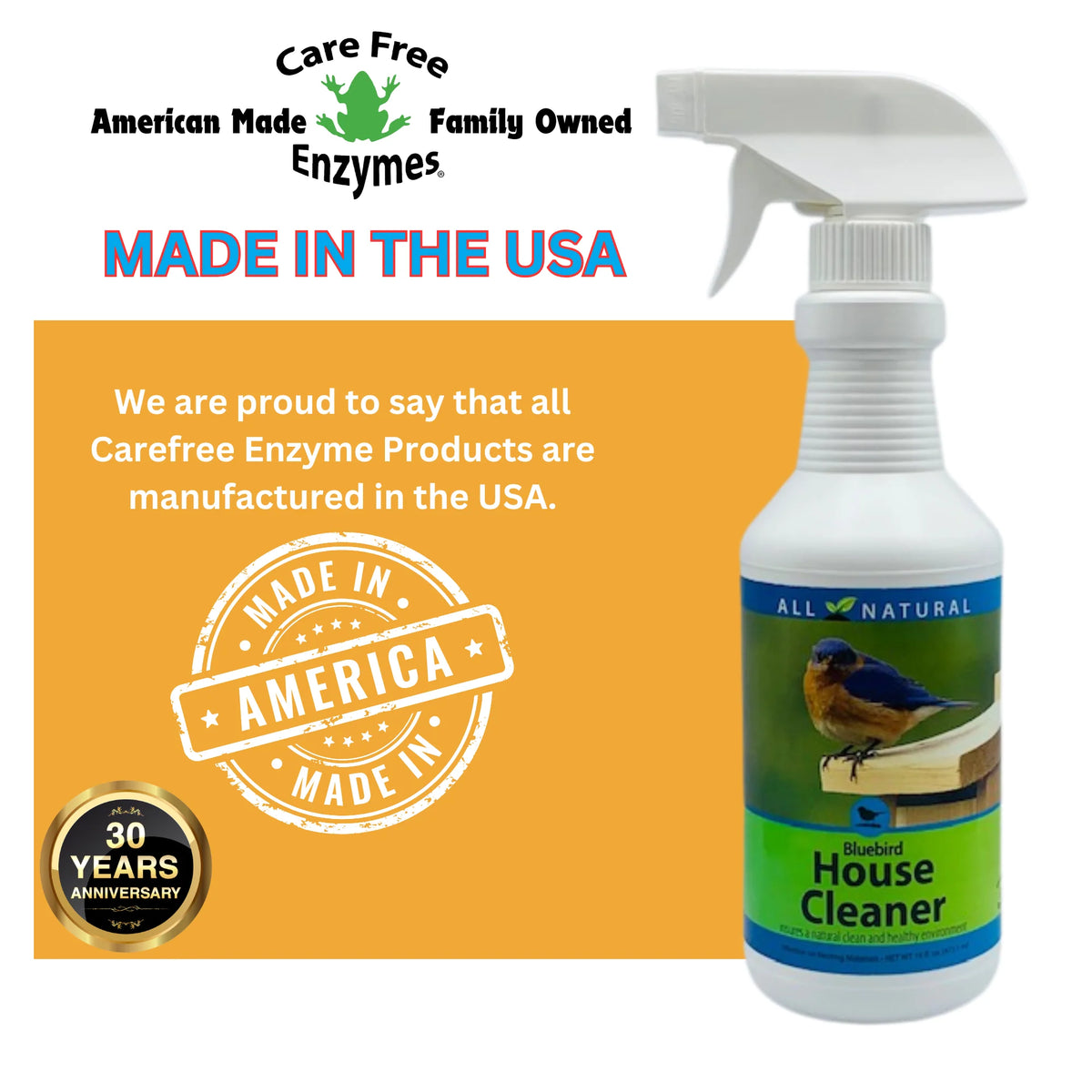 Bluebird House Protector spray bottle with logo, 30th anniversary badge, and “MADE IN THE USA” stamp; cleans and protects birdhouses with non-toxic, natural enzymes.