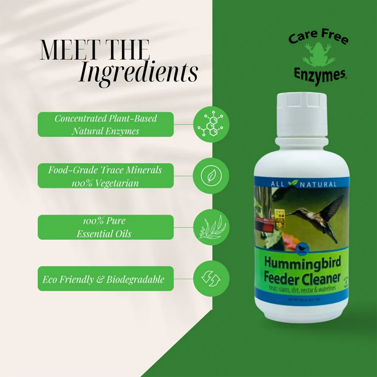 Hummingbird Feeder Cleaner, 16 oz. by Care Free Enzymes; highlights include natural enzymes, essential oils, and trace minerals for eco-friendly cleaning of feeders.