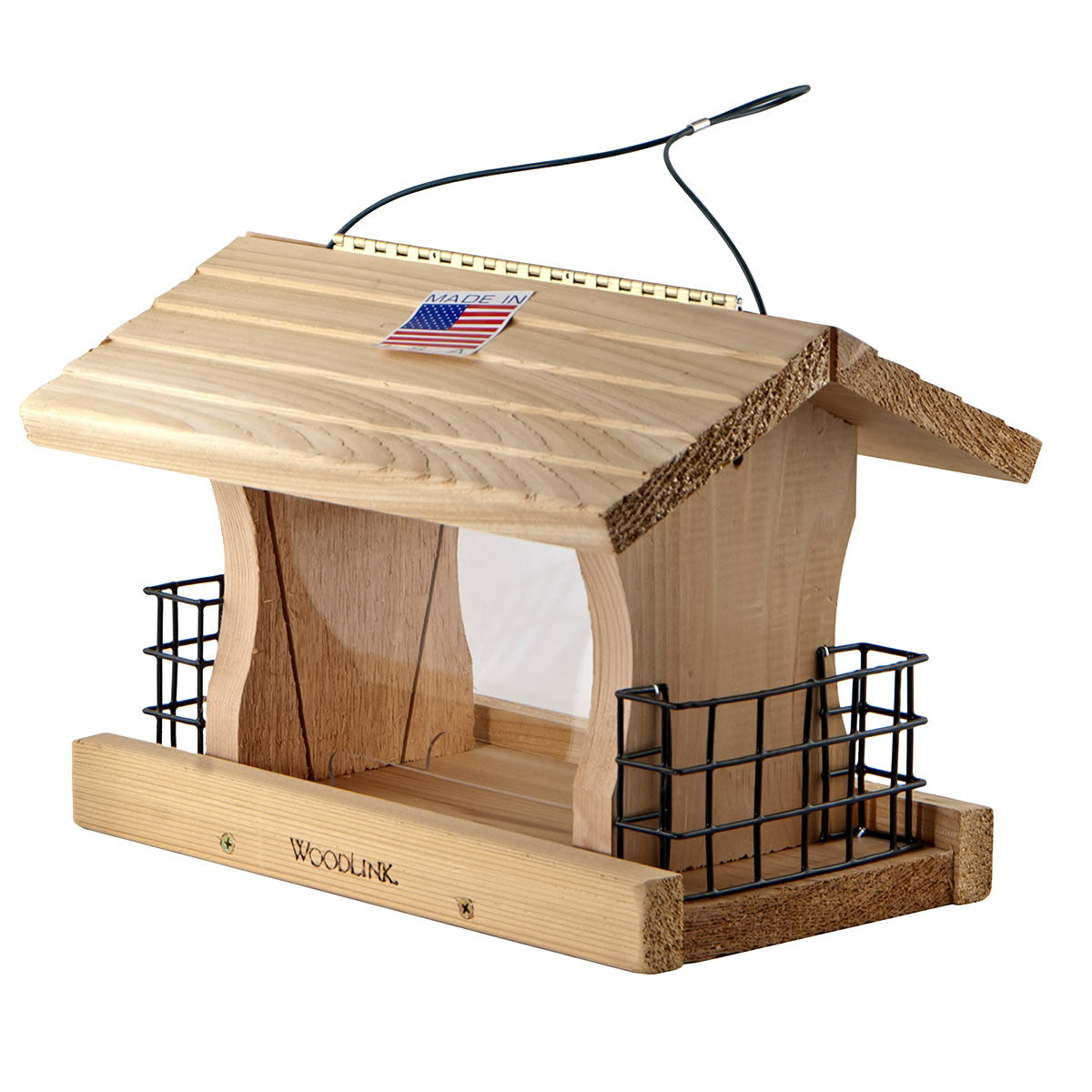 Deluxe Cedar Feeder with Suet Cages by Woodlink: wooden house-shaped feeder with hinged roof, clear sides, wire mesh for suet, and metal hanging loop.