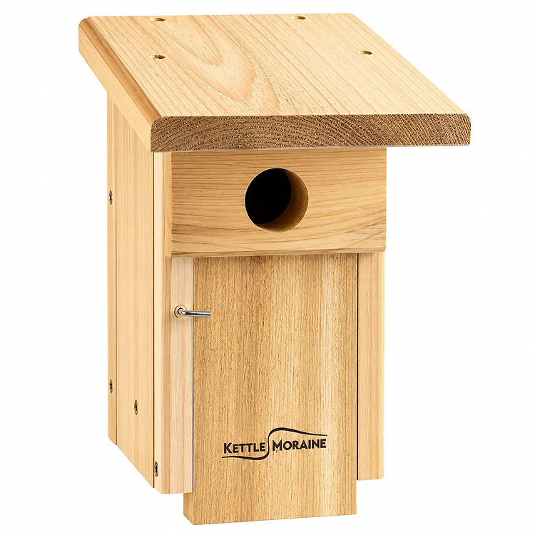 Weather-resistant cedar bluebird house designed for Eastern Bluebirds and other cavity-nesting birds.