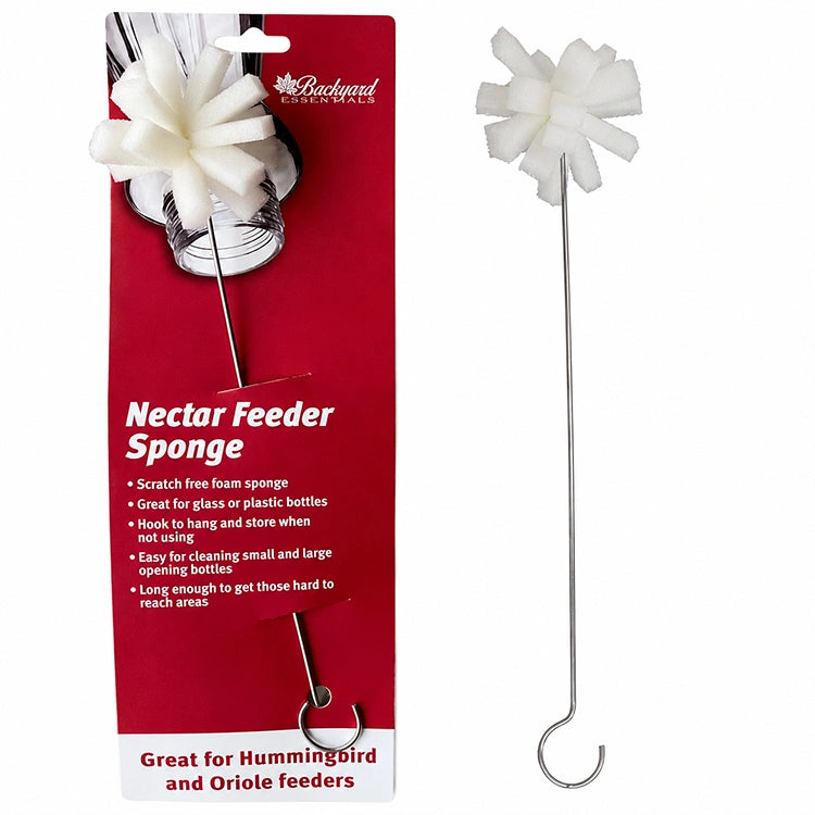 Nectar Feeder Sponge cleaning tool with soft white foam head and metal handle, shown packaged and removed from packaging on a white background.