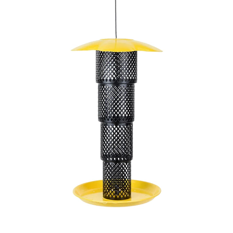 Sunflower Kernel Collapsible Diamond Mesh Feeder featuring a yellow top and black metal mesh, designed for clinging and perching birds. Holds 1 lb. of sunflower seed.
