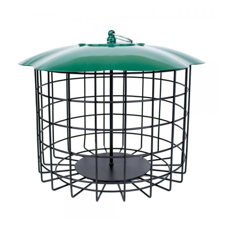 Squirrel Defeater Seed Log Bird Feeder features a black wire mesh cylinder with a green metal roof, designed to allow small birds while blocking squirrels.