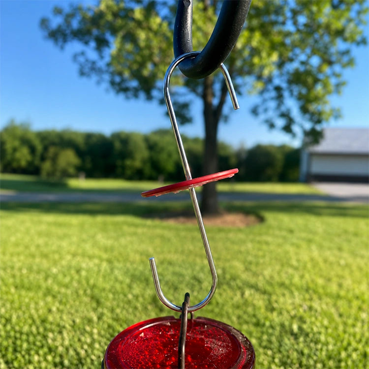 Metal ant barrier hook with red protection disk installed above a hummingbird feeder, shown hanging outdoors in a sunny backyard.