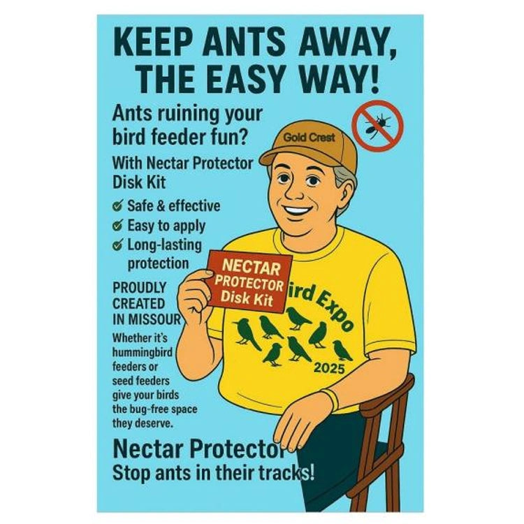 Promotional graphic for Nectar Protector Disk Kit featuring product benefits, ant prevention messaging, and illustrated spokesperson.