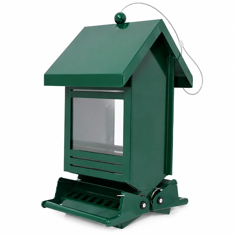 Green metal bird feeder with weather-resistant finish, angled side view showing clear seed window, roof, perch, and hanging cable.