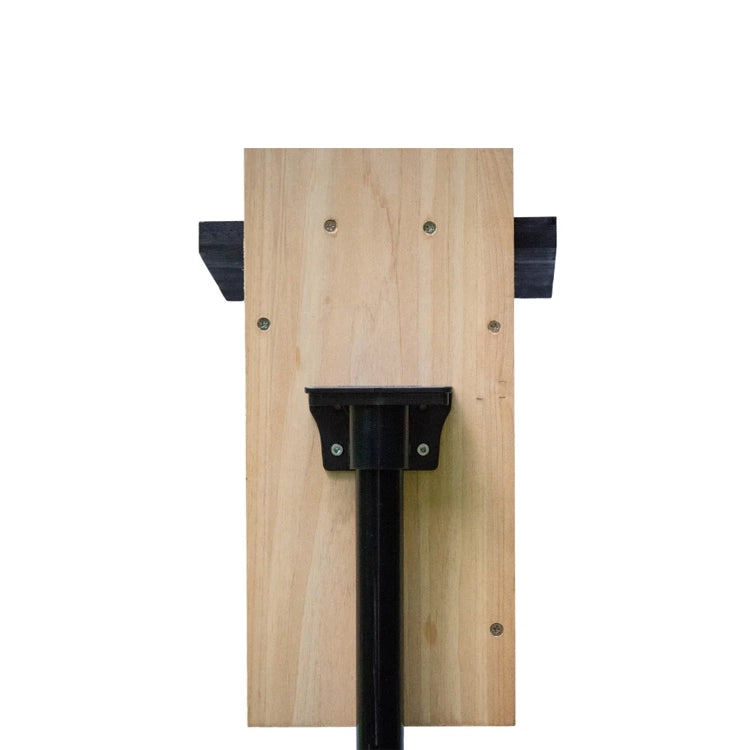 Brome BirdsUP Mounting Flange shown with a black pole on a wooden board, designed for 1-inch poles, includes four stainless screws for secure mounting.