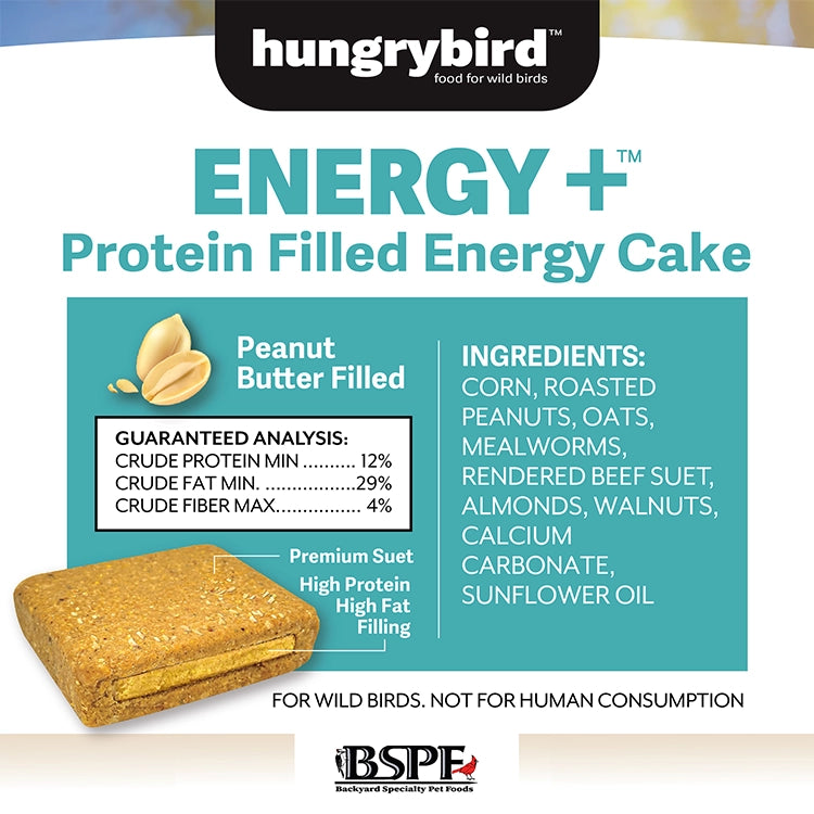 Energy+ Suet Cakes with Peanut Butter Filling, 12 Cakes. High-protein, no-melt suet for wild birds, featuring ingredients like roasted peanuts and mealworms. Not for human consumption.