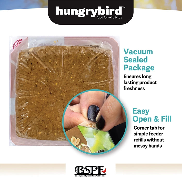 Energy+ Suet Cakes with Peanut Butter Filling, 12 Cakes, vacuum-sealed for freshness with easy-open tab, high-protein, no-melt blend for backyard birds, by Hungrybird™.
