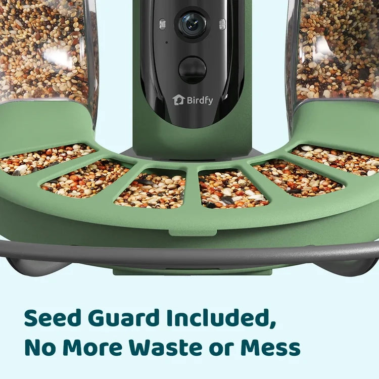 Birdfy Bird Feeder 2 Pro with Camera features a base with seed guard, transparent hoppers, circular tray with feeding ports, and center camera.