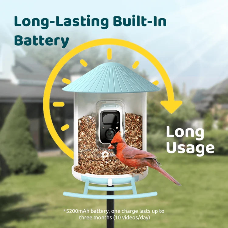 Birdfy Blue Bird Feeder 1 with Camera features a clear seed hopper, integrated lens, and showcases a cardinal on the tray, highlighting its long-lasting battery.
