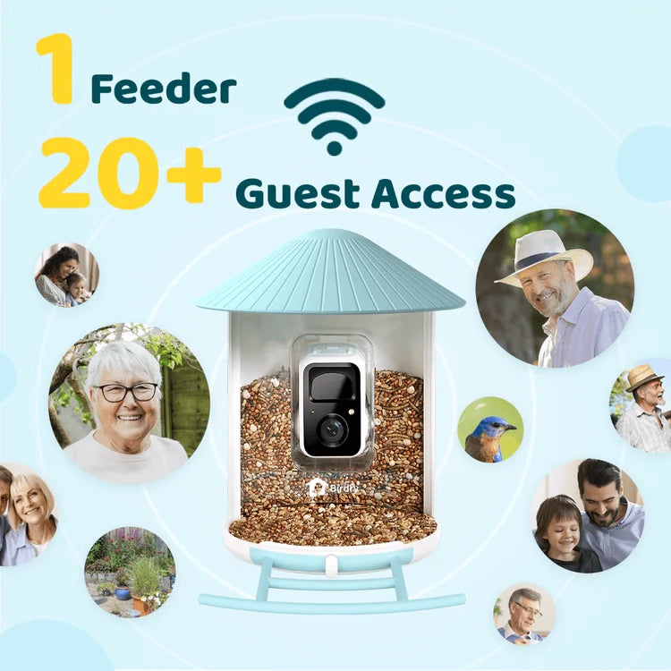 Birdfy Blue Bird Feeder 1 with Camera featuring a birdhouse design, integrated camera, Wi-Fi connectivity, and guest access for viewing bird activity remotely.