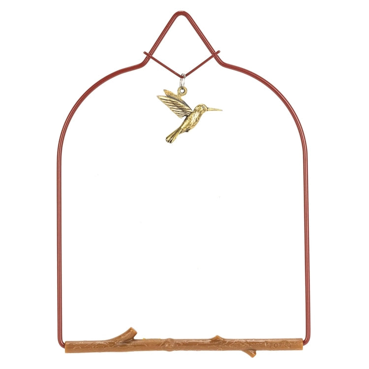 Decorative metal arch with a gold hummingbird ornament on a white background