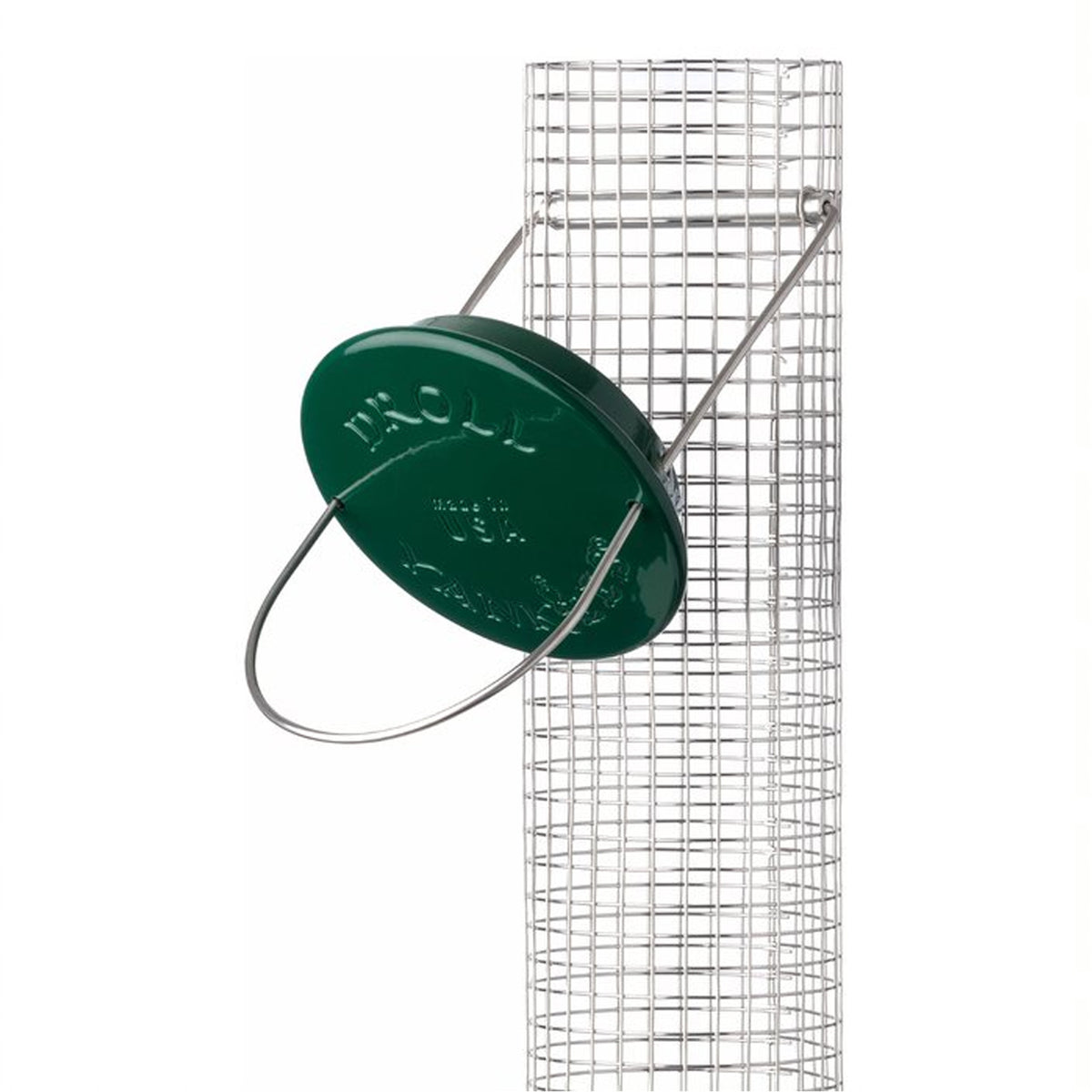 New Generations Metal Peanut Feeder with green cap, featuring durable zinc die cast metal design and stainless steel mesh, ideal for woodpeckers.