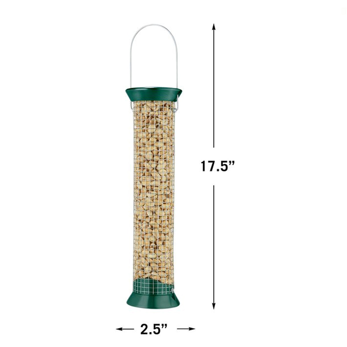New Generations Metal Peanut Feeder with a snug sliding cap and stainless steel mesh, designed for easy filling and attracting woodpeckers to your yard.