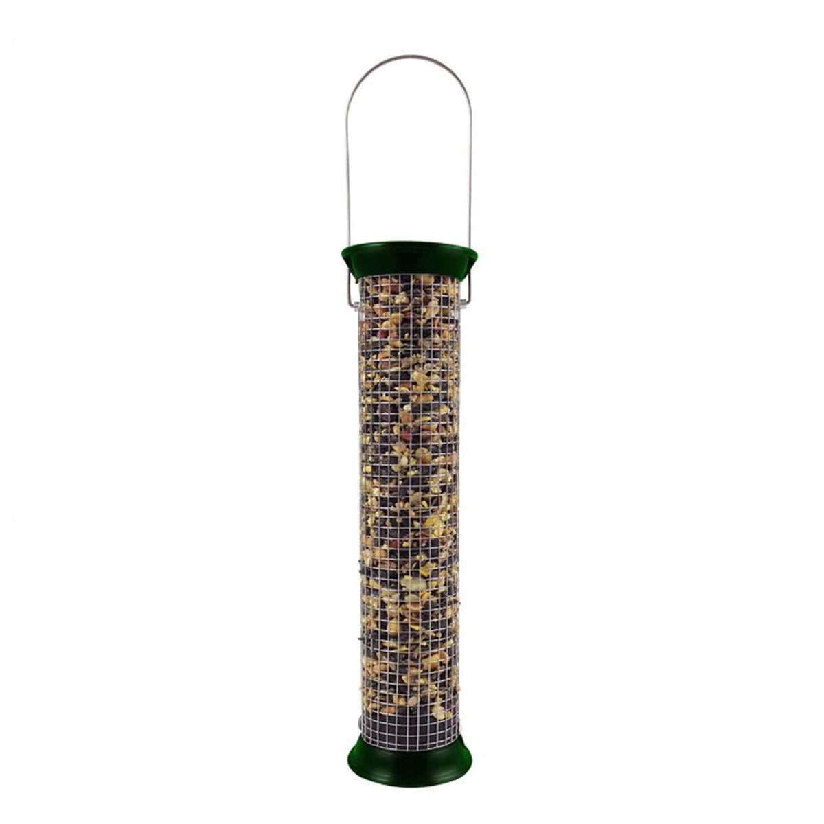 New Generations Metal Peanut Feeder with wire mesh tube, designed for woodpeckers, features a snug sliding cap and sturdy zinc die-cast metal construction.