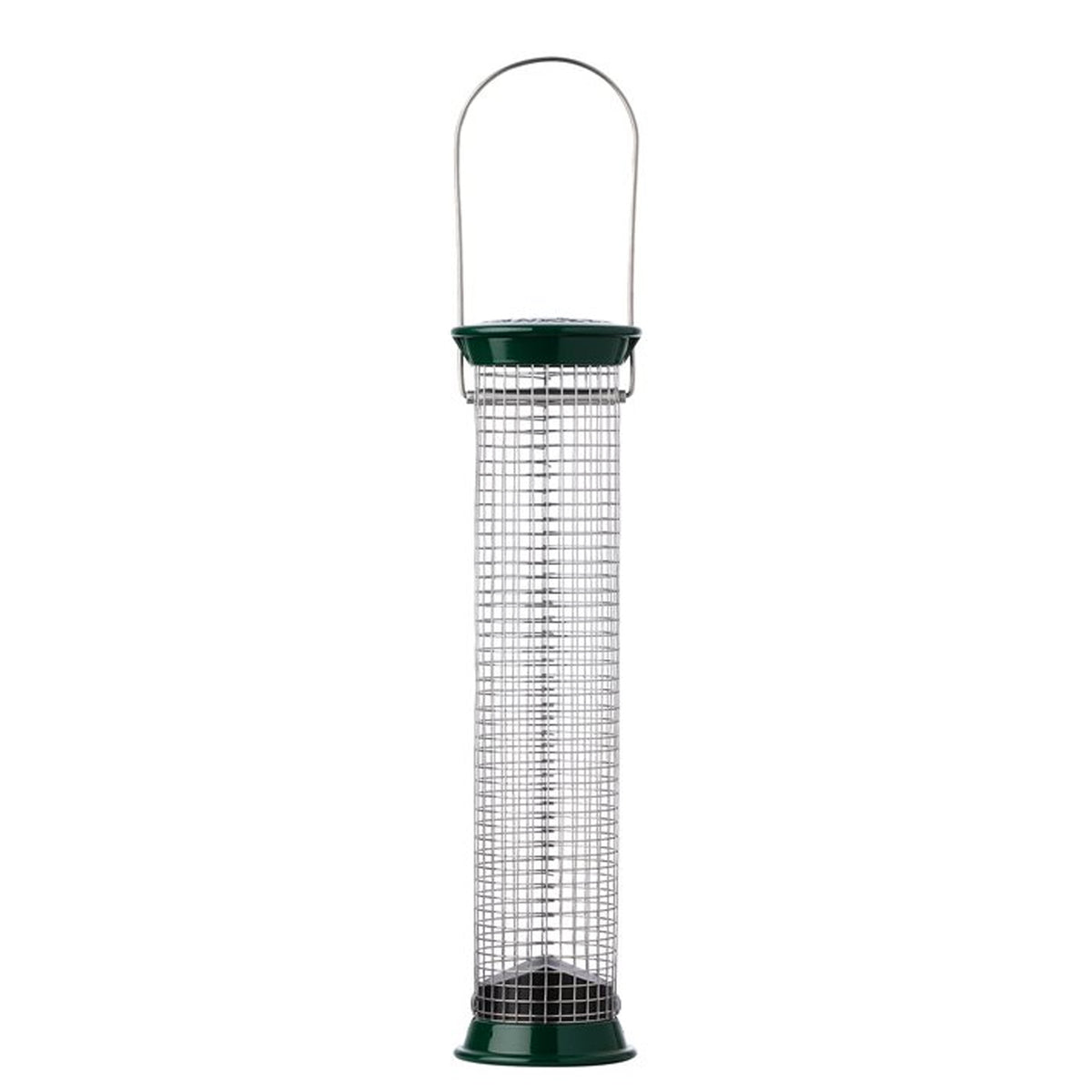New Generations Metal Peanut Feeder with green handle, featuring a durable zinc die-cast cage and sliding cap for easy top filling and squirrel resistance.