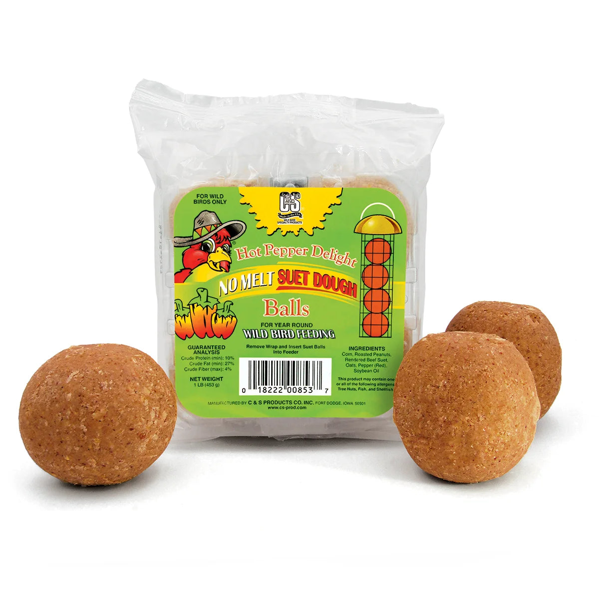 Hot Pepper Delight Dough Balls, 4 pack: Four round suet balls in a clear bag, designed for bird feeding, repelling squirrels, and fitting suet ball feeders.