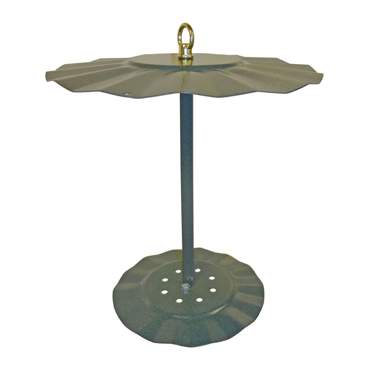 Seed Cylinder Holder with two-tiered metal baffles, scalloped top disk, and drainage tray, deters squirrels and protects seed logs from weather, enhancing bird feeding.