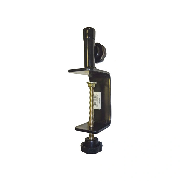 Clamp-On Swing Arm Deck Hanger with C-clamp, vertical post, and swivel arm for mounting feeders on deck rails up to 3.5 thick.