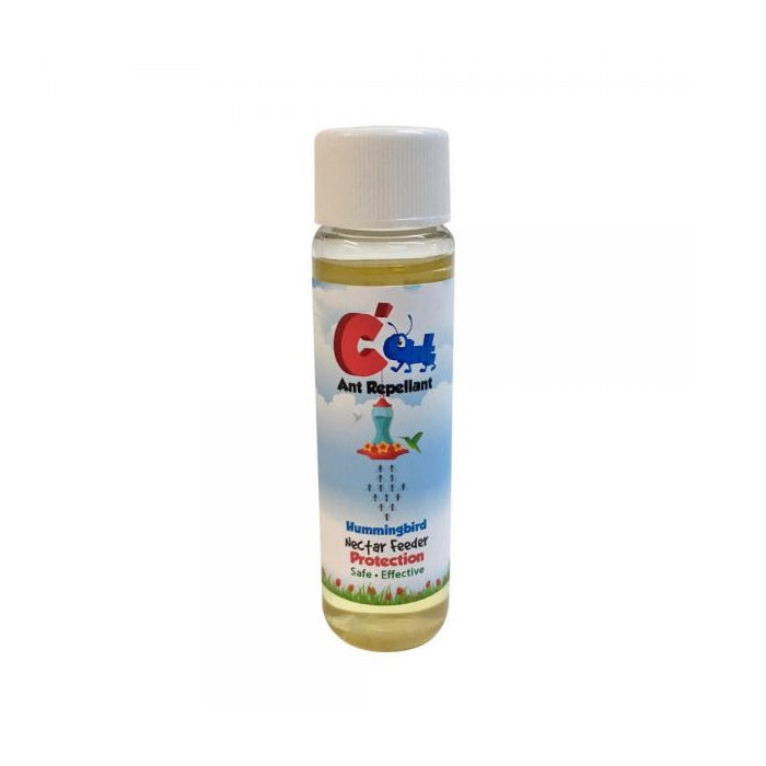 C'Ant Ant Repellant: A small plastic bottle with a label and a red and blue logo, containing an EPA-approved, natural formula to deter ants from bird feeder poles.