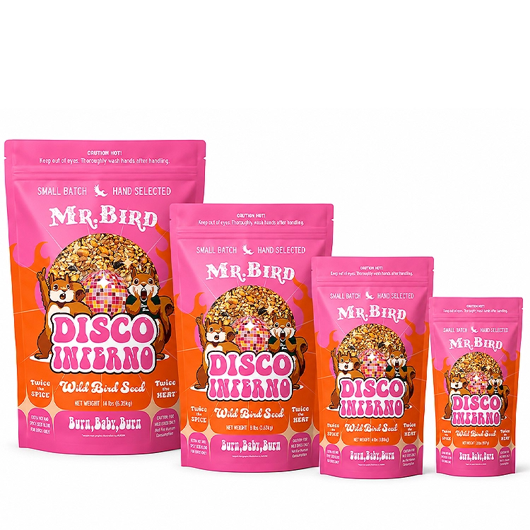 Five stand-up pouches of Mr. Bird Disco Misantra wild bird seed in assorted sizes, arranged from largest to smallest on a white background.