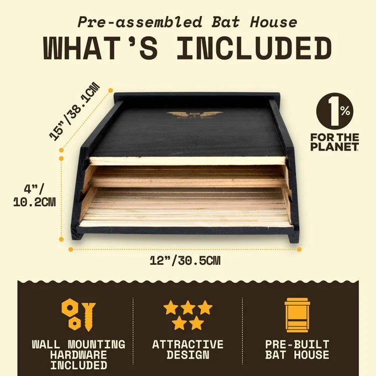 Three-Chamber Bat House, Black, pre-assembled cedar with grooved interior, includes wall-mounting hardware. Dimensions: 15x12x4. Supports 75 bats, eco-friendly pest control.