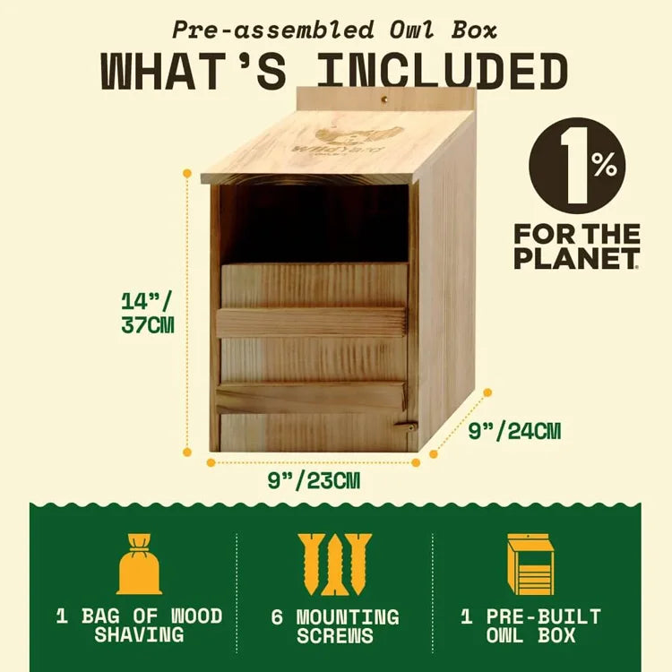 Pre-assembled Owl Box for Gardens with wood shavings, mounting screws; provides a durable, weather-resistant nesting habitat. Features eco-friendly design supporting local owl populations.