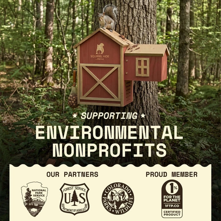 A red and tan wooden squirrel house mounted on a tree in a forest, with a squirrel sitting on top. Large text reads 'SUPPORTING ENVIRONMENTAL NONPROFITS,' and a cream banner at the bottom lists partners and a 1% for the planet certification mark.