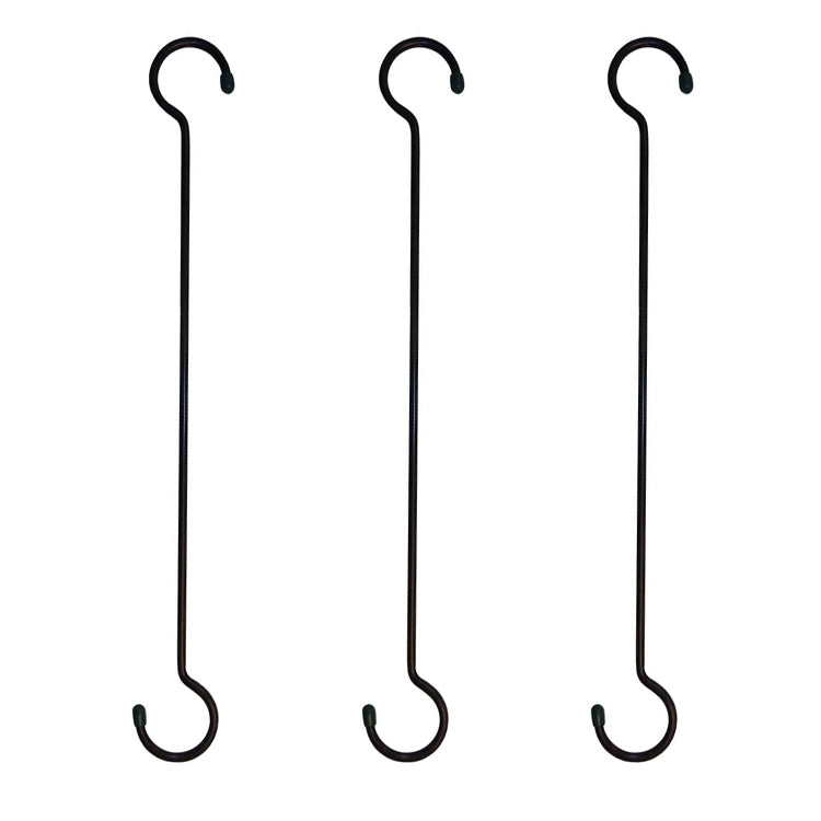 Three black metal hooks of varying lengths on a white background