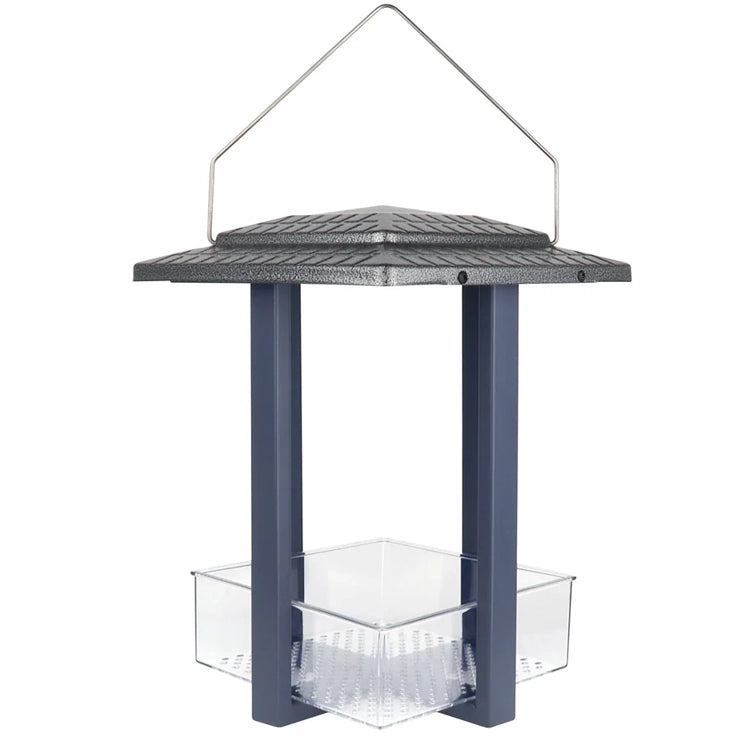 Nature's Way Fly-in Hanging Metal Fly Through Bird Feeder with roof, three seed cups, four supports, and metal loop for hanging, featuring a removable seed tray.