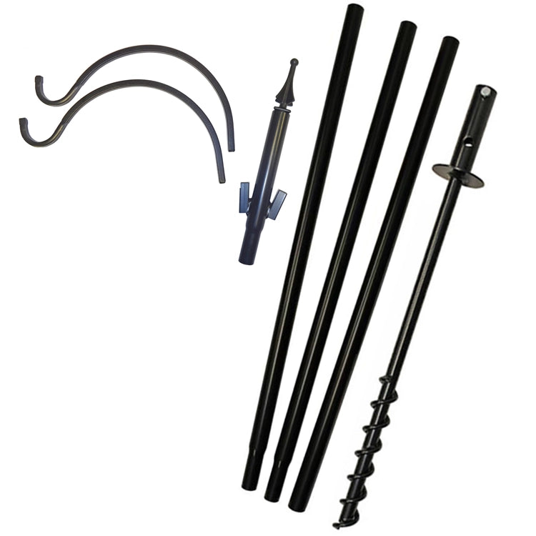 Two Arm Feeding Station with Twister Ground Socket, shown disassembled with tubular poles, auger base, spear top, and S-hooks for easy assembly and secure bird feeder hanging.